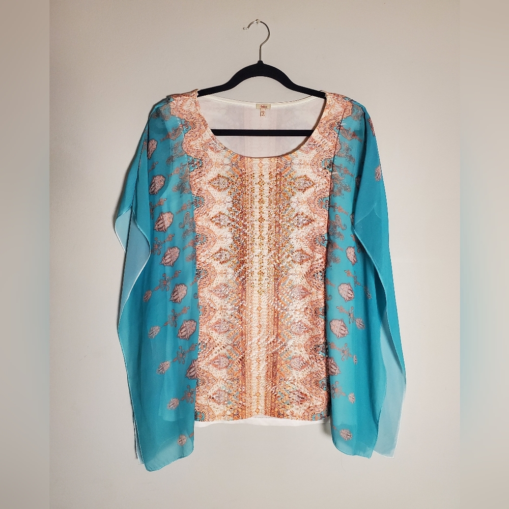 Reba Women's Flowy Top Butterfly Sleeve Embellished Teal Coral Shirt Size Large